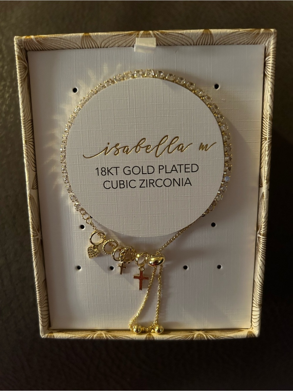 Isabella M 18KT Gold-Plated Cubic Zirconia Cross and Heart Charm Bracelet